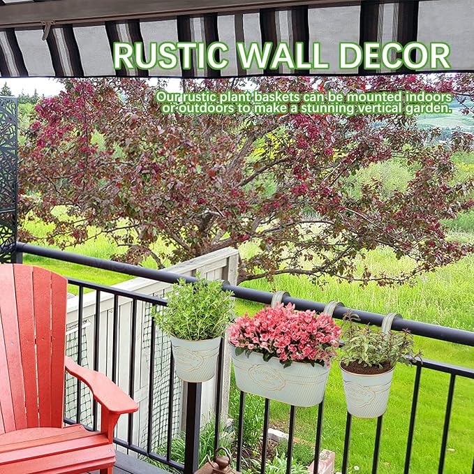 PerGar Vintage Metal Iron Wall Hanging Flower Pots, Rustic Planter Bucket Herb Flower Plant Holder with Detachable Hooks & Drainage Hole for Railing Fence Balcony Deck Garden Home Decoration, Set of 3