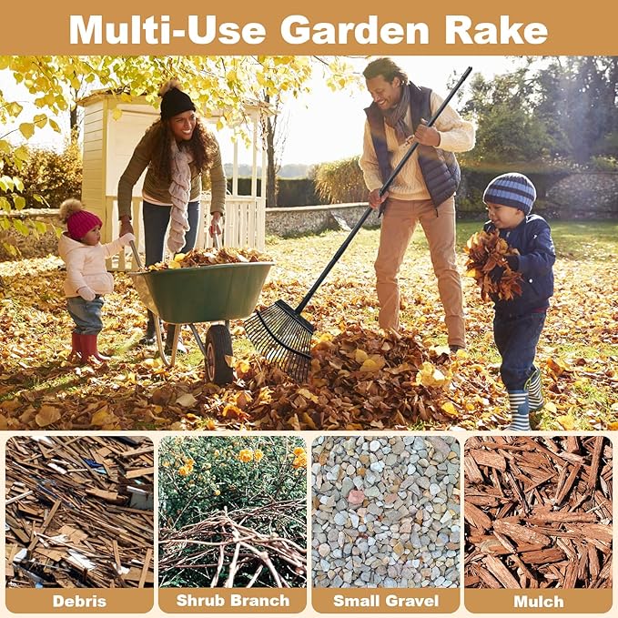 Rake with Leaf Scoops Garden Leaf 25 Tines Lawn Leveling Tool, Heavy Duty 64.1 Inch Adjustable Handle Metal Rake for Picking Leaves Grass Garbage, Black
