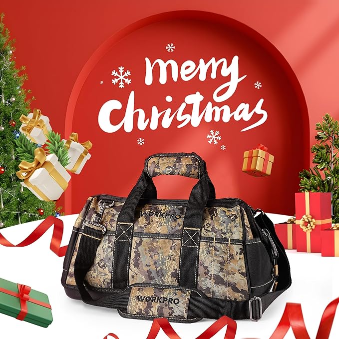 WORKPRO 16-Inch Wide Mouth Tool Bag, Tool Bags for Men with Adjustable Shoulder Strap, Waterproof Oxford Fabric and Sturdy Buttom