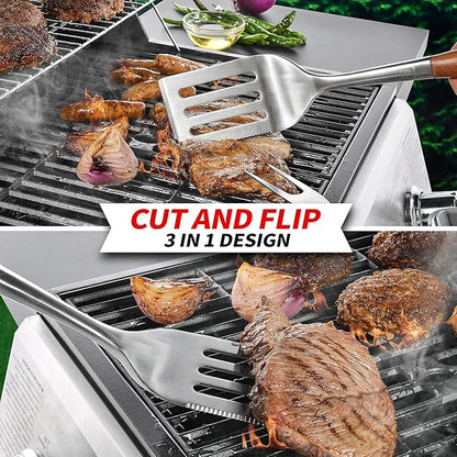 Heavy-Duty Rose Wooden BBQ Grilling Tools Set. Extra Thick Stainless Steel Multi-Function Spatula, Fork & Tongs | Essential Accessories for Barbecue & Grill. Ideal Gift for Father…