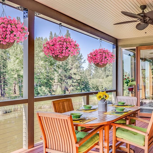 Artificial Faux Hanging Flowers Plants Baskets for Outdoors, Fake Silk Morning Glory in Planter UV Resistant Realistic Artificial Flower for Outside Porch Patio Balcony Garden Yard Home Decor