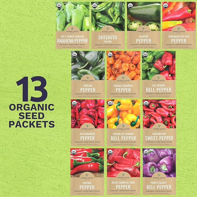 Organic Pepper Seeds (Sweet and Hot) Variety Pack - 13 Individual Packs - 2026 Season - Cayenne, Orange Habanero, Shishito and More! for Indoor & Outdoor Planting (Non-GMO, Certified Organic)