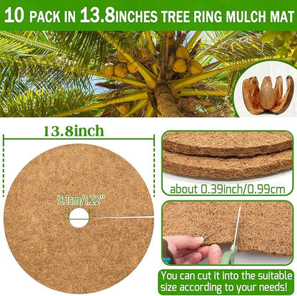 ZeeDix 10 Pack Coconut Fiber Mulch Ring, 14 Inch Coco Coir Tree Ring Mulch Mat, 100% Natural Tree Protector Mat Plant Cover Ring Coconut Coir Discs Tree Mats Mulch Rings for Indoor Outdoor Plants