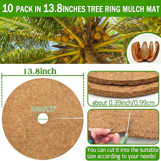 ZeeDix 10 Pack Coconut Fiber Mulch Ring, 14 Inch Coco Coir Tree Ring Mulch Mat, 100% Natural Tree Protector Mat Plant Cover Ring Coconut Coir Discs Tree Mats Mulch Rings for Indoor Outdoor Plants