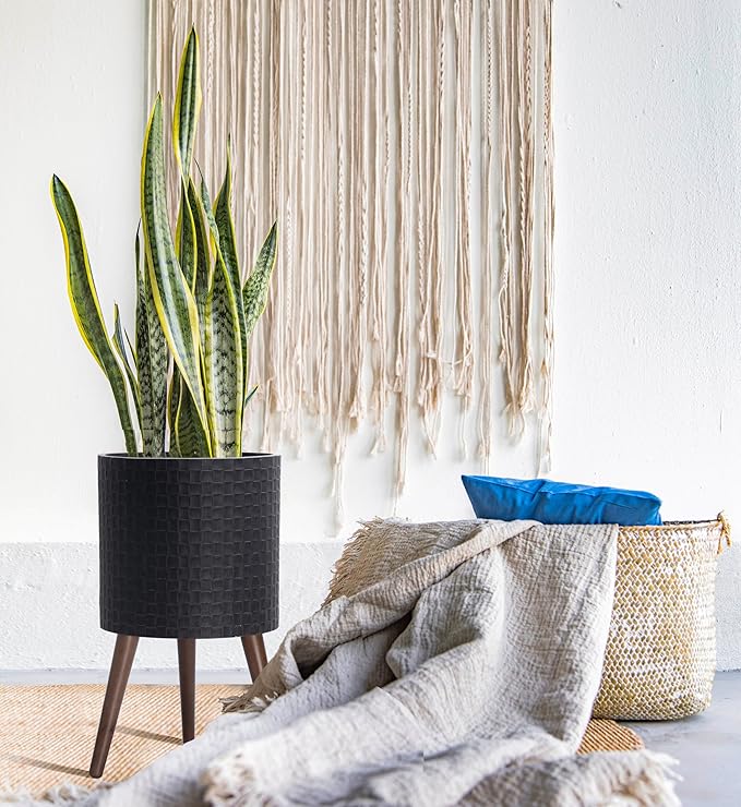 D'vine Dev 12 Inch Modern Geometric Tile Patterned Sleek Planter Pot with Stand, Indoor Outdoor Decorative Plant Holder, Distressed Black, 88-Z-C-5