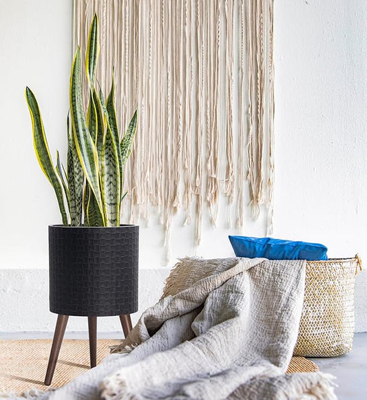 D'vine Dev 12 Inch Modern Geometric Tile Patterned Sleek Planter Pot with Stand, Indoor Outdoor Decorative Plant Holder, Distressed Black, 88-Z-C-5