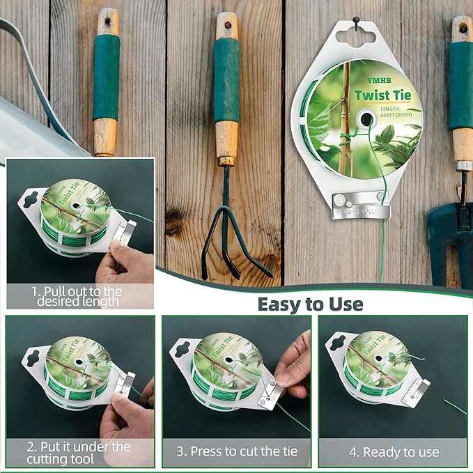 YMHB Twist Ties, 656Feet (200m) Green Garden Plant Ties with Cutter, Green Twist Ties for Gardening Tomatoes Vines Tie Garden Ties, Plant Support and Office Home Cable Organizing