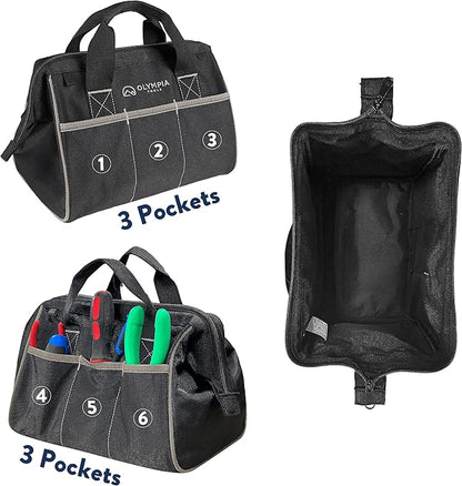 Olympia Tools Tool Bag 12 Inch, Heavy Duty Tools Bag with 3 Large Pockets, Adjustable Shouder Straps and 600D Reinforced Material