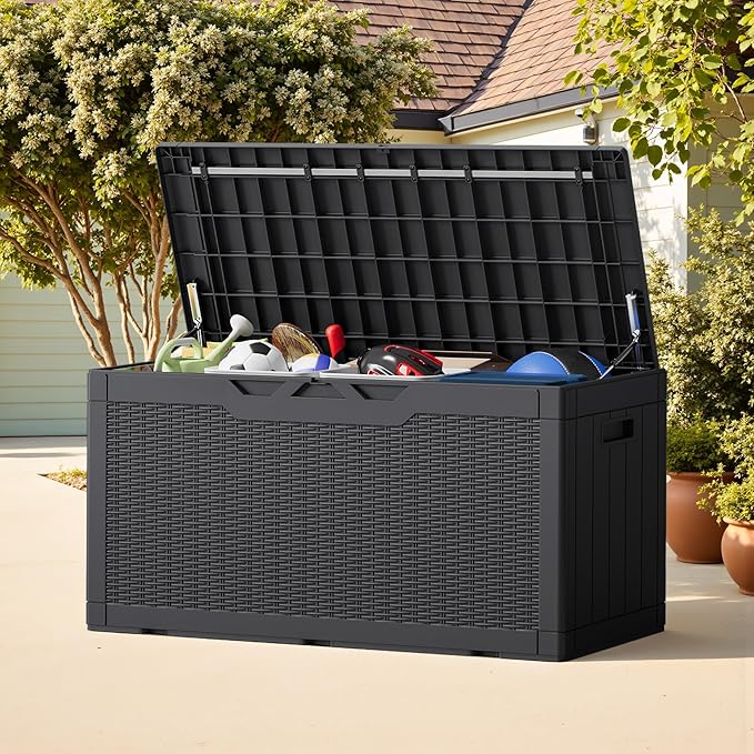 Greesum Outdoor Storage Box 100 Gallon Storage Bin with Lid for Patio Furniture, Garden Tools, Pool Supplies, Lockable, Waterproof and UV Resistant, Black