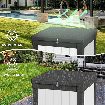 50 Gallon Storage Box, Waterproof Deck Box for Indoor & Outdoor Use, Lockable Pool Storage Bin for Package Delivery, Outdoor Bench for Patio Cushions, Garden Tools, Backyard, Black & White