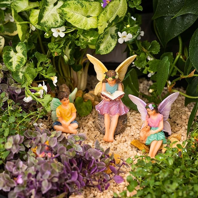 PRETMANNS Fairy House Kit - Fairy Garden Accessories for Outdoor Miniature Village Decor, with Three Fairies - House, 9" High & Treehouse Door can Open Wide - 4 Piece Supplies