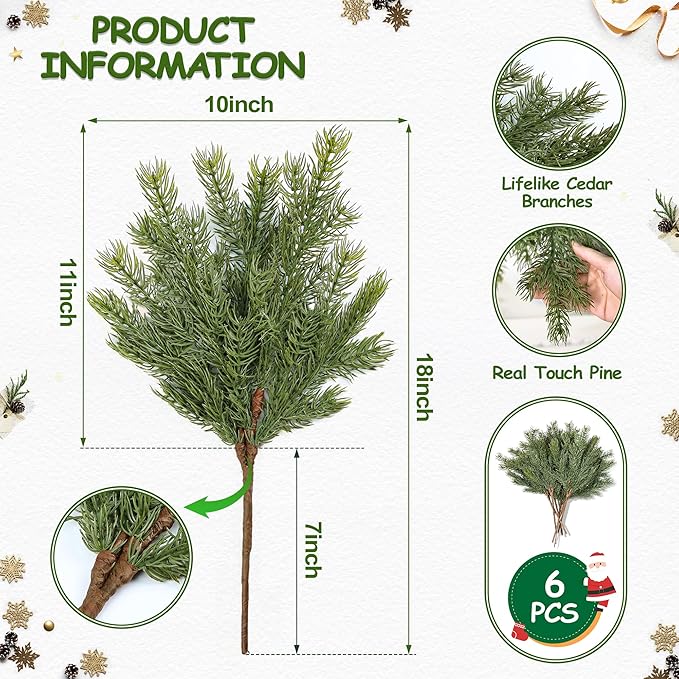 Artgar 6 Pcs Christmas Pine Branches – 18" Realistic Artificial Greenery Pine Stems - Real Touch Faux Cedar Picks for Vase, DIY Garland Wreath Home Indoor Outdoor Xmas Decorations