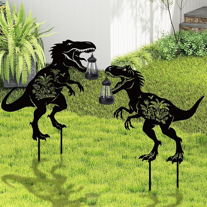 Dinosaur Metal Garden Stakes Yard Decor with a Lantern, Black Dinosaur with Flower Silhouette Statues Garden Decorative Gifts for Yard Art, Patio, Outside, Lawn Ornaments, Backyard, Pathway