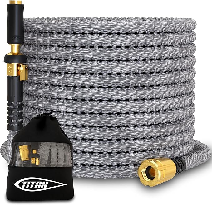 TITAN Flexible Garden Hose 20FT – Ultra Lightweight, Heavy Duty Water Hose with Brass Fittings & Jet Nozzle – Kink-Free, Non-Expanding, Durable Fabric Hose for Yard, Lawn, Car Wash, Outdoor Use