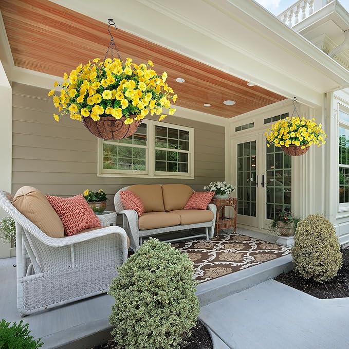 Artificial Fake Hanging Flowers Plants Baskets for Outdoor Decoration, Faux Silk Morning Glory in Planter UV Resistant Realistic for Home Outside Porch Patio Balcony Garden Yard Home Decor, Yellow