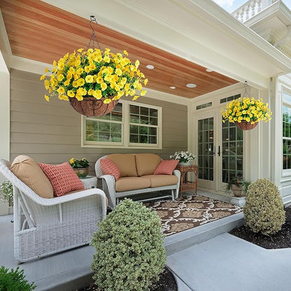 Artificial Fake Hanging Flowers Plants Baskets for Outdoor Decoration, Faux Silk Morning Glory in Planter UV Resistant Realistic for Home Outside Porch Patio Balcony Garden Yard Home Decor, Yellow