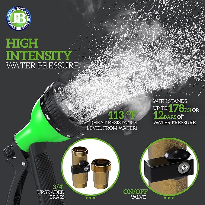 J&B XpandaHose 50ft Expandable Garden Hose – Ultra-Strong 3750D, 4-Layer Latex Core, Brass 3/4" Connectors, 10-Pattern Nozzle & Storage Bag – Lightweight, Kink-Reducing, Leak-Resistant