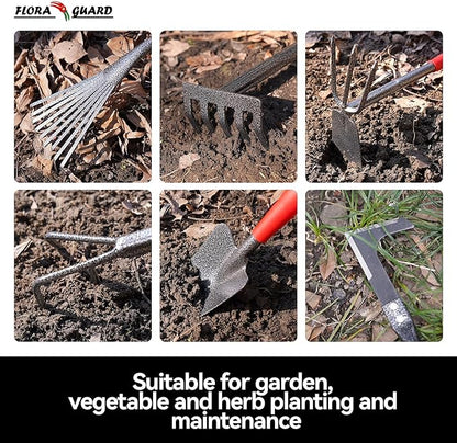 FLORA GUARD Garden Tool Set, 6-Piece Heavy Duty Gardening Hand Tools with Soft Rubber Handle, Includes Trowel, Rake, 2-in-1 Hoe & Crack Weeder, Durable Yard Tools, Christmas Garden Gift for Men Women