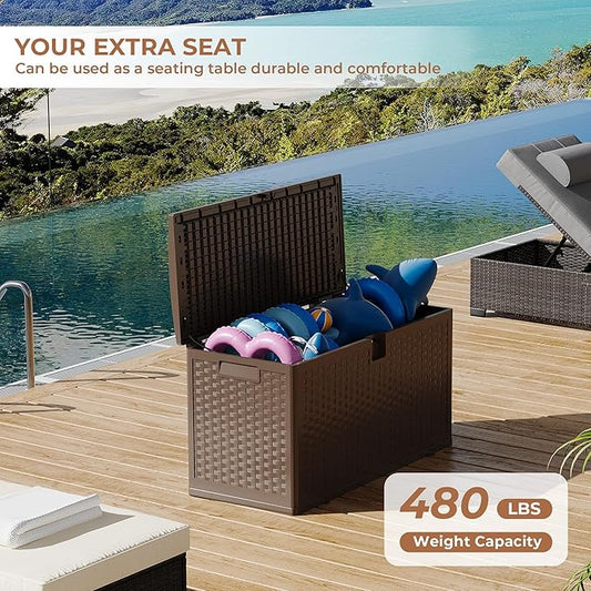 73 gal Brown Resin Deck Box, Outdoor Storage Box Waterproof Lockable, Patio Deck Box For Package Delivery, Outside Storage Box Container for Furniture Cushions, Garden Tools, Pool Accessories