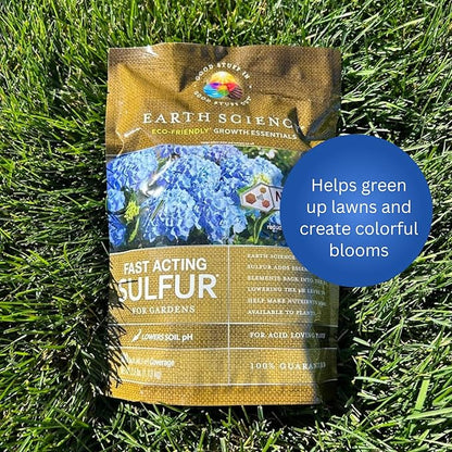 Earth Science Fast Acting Sulfur Granules – 5lb – Soil pH Reducer, Lowers pH Instantly, Reduces Nutrient Runoff, Improves Growth & Color for Acid-Loving Plants, Long-Lasting Lawn Care Supplement