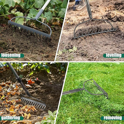 Garden Rake, 6 FT Bow Rakes for Lawns Heavy Duty, Yard Metal Rake with Adjustable Long Handle, 14 Tines Head, Gardening Tool for Loosen Soil, Gather Leaves, Level Mulch, Remove Debris