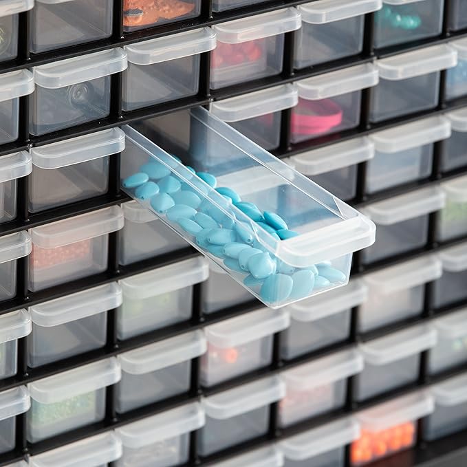 IRIS USA Bead Organizer Drawers, 64-Drawer, Screw Tool Electronics Hardware Nuts and Bolts Plastic Garage Storage Cabinet Bin, Stackable Craft Supply Building Bricks Sorter Teacher Tool Box, Black