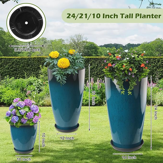 24-21-11 Inch Tall Planters Set of 3, Indoor Outdoor Blue Glossy Round Planter with Drainage Hole and Saucer, Large Decorative Plant Pots for Home Garden Porch