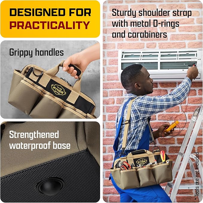 The Ryker Heavy Duty Tool Bags for Men/Women. 14 Inch Small Wide Mouth Mechanic/plumber/Contractor/Electrician Tool Bag Organizer 22Pockets Soft Portable Tools Bags Organizer Toolbag for plumbing