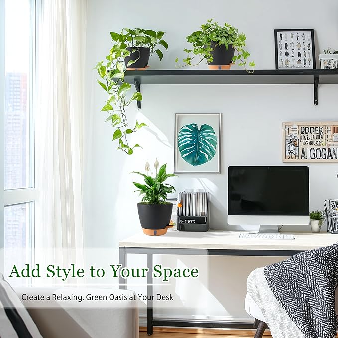 Self Watering Pots for Inoor Ourdoor Plants 8/7/6.5/6/5 Inch Plastic Planters with Drainage Holes & Water Level Indicator, Decorative House Flower Nursery Planting Pots with Saucers (Black)