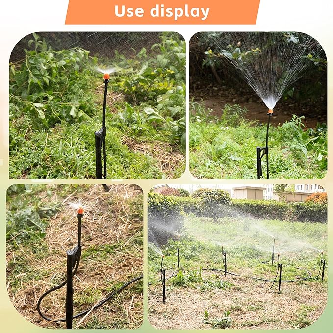 20 Sets 180 Degree Irrigation Sprinkler Heads with Stake Drip Micro Spray Emitters with 1/4" Irrigation Tubing on Riser Stake Micro Spray Sprinkler Stake Assembly for Garden Watering System