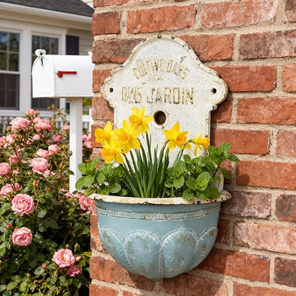 Vintage Style Cast Iron Wall Planter, Cultive Dans Le Jardin French Inspired Hanging Flower Pot, 27" Decoractive Retro Wall Mount Planter with Rustic Charm for Indoor Outdoor Garden Decor