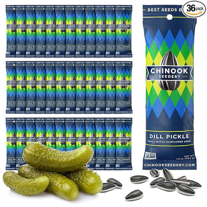 Chinook Seedery Low Sodium Sunflower Seeds – Dill Pickle Flavor, Pack of 36, 1.5oz – Sunflower Seeds to Eat – Keto, Jumbo, Roasted, Baseball Snacks