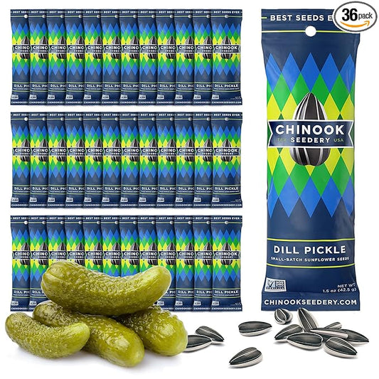 Chinook Seedery Low Sodium Sunflower Seeds – Dill Pickle Flavor, Pack of 36, 1.5oz – Sunflower Seeds to Eat – Keto, Jumbo, Roasted, Baseball Snacks