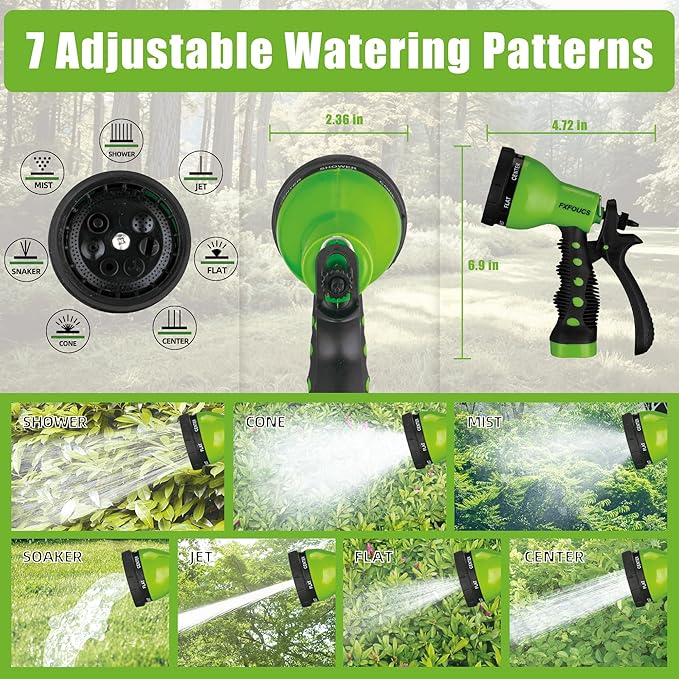 Garden Hose Nozzle Sprayer– this high heavy-duty spray nozzle offer 7 watering patterns for watering plants, lawns & gardens, washing cars, household cleaning and showering pets. (Green)