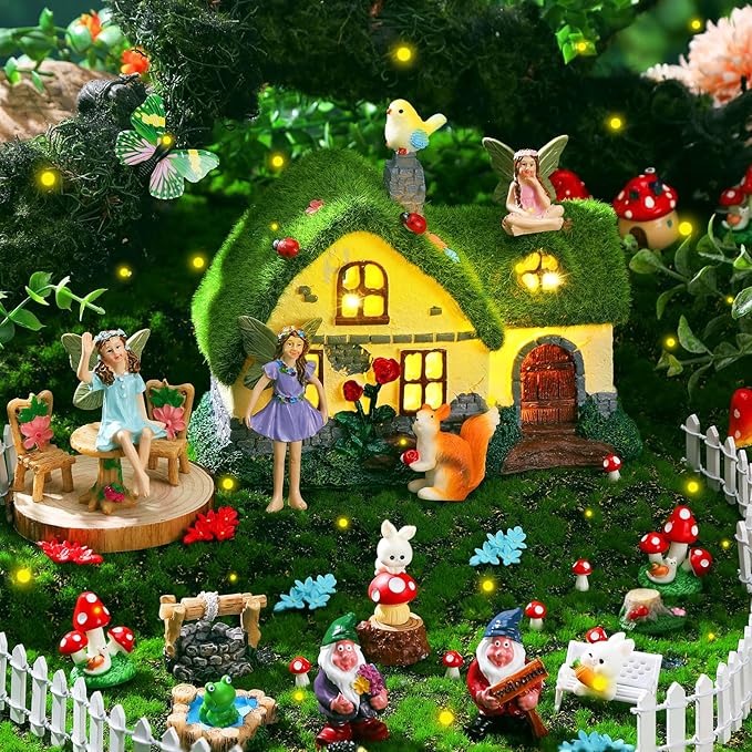 Suzile 50 Pcs Solar Fairy House Garden Accessories Light up Flocked Fairy Figures Garden Kit Green Resin Miniature Mushroom Figures Micro Landscape Ornament (Stone Grass House)