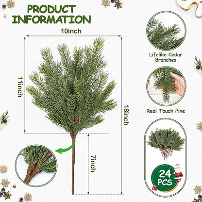 Artgar 24 Pcs Christmas Pine Branches - 18" Realistic Artificial Greenery Pine Stems - Real Touch Faux Cedar Picks for Vase, DIY Garland Wreath Home Indoor Outdoor Xmas Decorations