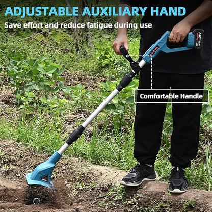 21v Cordless Tiller, 8-Inch Wide 4.0 Ah Battery Powered Garden Cultivator, Cultivator with Steel Tines and Battery Capacity Display, Rototiller for Lawn/Gardening/Soil Cultivation (Blue) by Shintyool