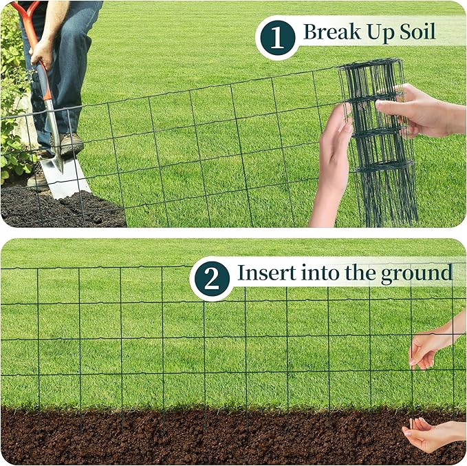 Decorative Garden Fence Border Rolls, Total 14 in x 40 ft 2 Pack Metal Folding Flat Wire Fencing for Yard, Green PVC Coated Outdoor Patio Landscape Flower Bed Edging