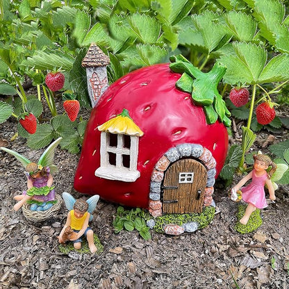 Mood Lab Fairy Garden - Fairy Strawberry House Set of 4 pcs - Miniature Figurines & Accessories - Outdoor & House Decor