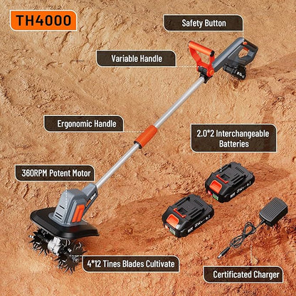 Cordless Tiller for Gardening 360 RPM Rototiller TH4000 Cultivator TaskStar Electric Garden Tiller Battery Powered Total 4000mAh,48 Heavy-Duty Steel Tines for Smooth Ground