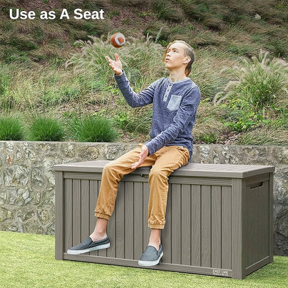EAST OAK Outdoor Storage Box, 180 Gallon Deck Box, Large Resin Storage Bin for Patio Cushions & Gardening Tools, Lockable, Waterproof, UV Resistant, Grey