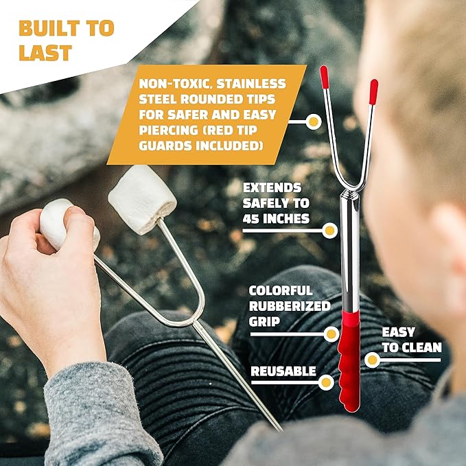 MalloMe Smores Sticks for Fire Pit 45 inch Extra Long - Marshmallow Roasting Sticks Smores Kit -Smore Skewers Hot Dog Fork Campfire Cooking Equipment, Camping Essentials, Outdoor Accessories (4 Pack)