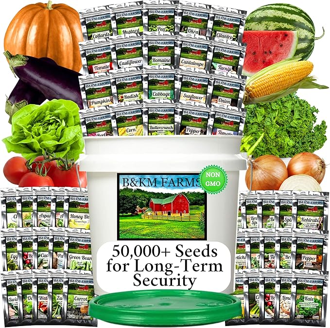 Survival Seed Vault: 50 Varieties, 50,000+ Non-GMO Heirloom Seeds - 5+ Year Supply in Secure Bucket + Growing Guide by B&KM Farms