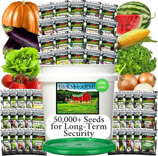 Survival Seed Vault: 50 Varieties, 50,000+ Non-GMO Heirloom Seeds - 5+ Year Supply in Secure Bucket + Growing Guide by B&KM Farms