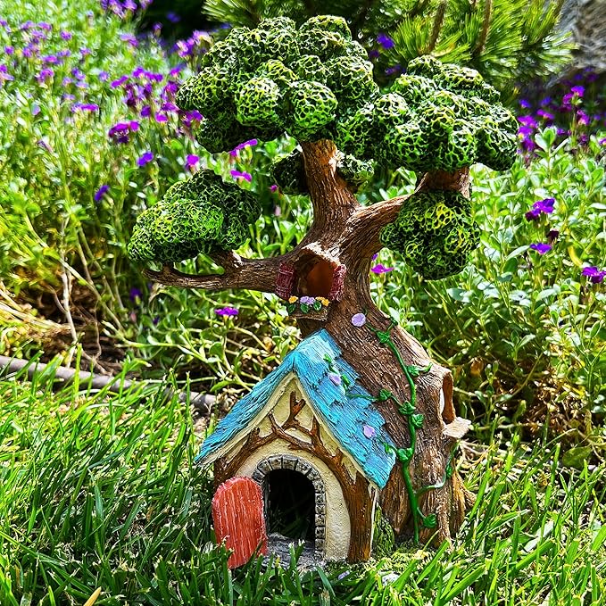 Mood Lab Fairy House - Fairy Garden Miniature Tree House - 8.5 Inch Tall Outdoor Decor for Fairies Figurines