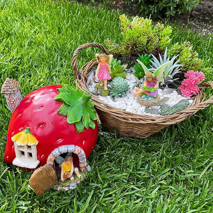 Mood Lab Fairy Garden - Fairy Strawberry House Set of 4 pcs - Miniature Figurines & Accessories - Outdoor & House Decor