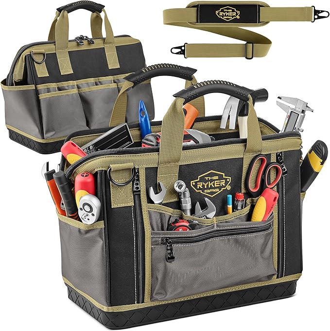 The Ryker 16-inch Large Tool Bag Heavy Duty Tool Bag Organizer for Men/Women 28pockets Portable Utility Bags for Tools - Toolbag Organizers Electrician Tools Bags for men Heavy Duty