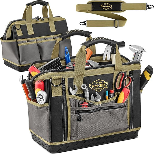 The Ryker 16-inch Large Tool Bag Heavy Duty Tool Bag Organizer for Men/Women 28pockets Portable Utility Bags for Tools - Toolbag Organizers Electrician Tools Bags for men Heavy Duty