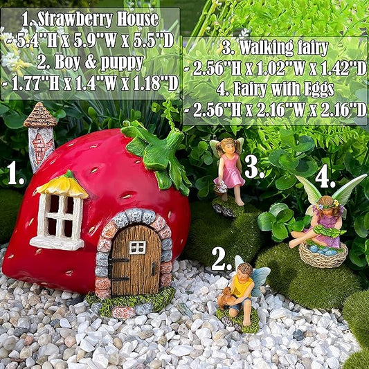 Mood Lab Fairy Garden - Fairy Strawberry House Set of 4 pcs - Miniature Figurines & Accessories - Outdoor & House Decor