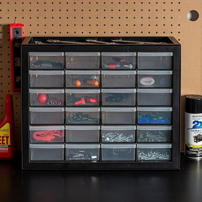 IRIS USA Plastic Storage Drawers, 24-Drawer, Stackable Small Parts Organizer Cabinet for Hardware Screw Nuts and Bolts Sticker Bead Balloon Building Bricks, Teacher Toolbox Garage Storage Bins, Black